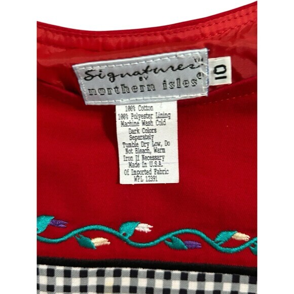 Signature By Northern Isle Red Chicken 80s Dress Embroidered Size 10 Vintage - Picture 4 of 5